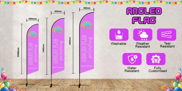 Stand out at any event with our Angled Flags from bannersprintings.com. Designed for outdoor promotions, trade shows, retail displays, and business advertising, these flags feature a dynamic angled shape that ensures maximum visibility. Printed in vivid full colour on durable, weather-resistant fabric, they’re perfect for both indoor and outdoor use. Lightweight, portable, and easy to assemble, our angled flags come in a range of sizes and base options to suit your needs. Order today for premium quality and fast delivery anywhere in the UK.