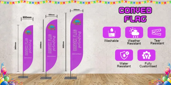 Enhance your brand visibility with our Convex Flags from bannersprintings.com. Perfect for outdoor events, exhibitions, storefronts, and promotional displays, these flags feature a stylish curved design that stands out in any environment. Printed in vivid full colour on durable, weather-resistant fabric, they’re built for long-lasting performance indoors or outdoors. Lightweight, easy to assemble, and available in multiple sizes and base options, our convex flags make your advertising look professional and eye-catching. Order now for high-quality printing and fast delivery across the UK.