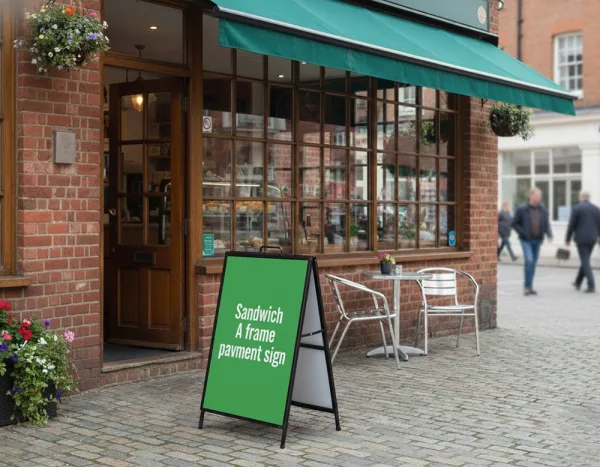 Attract customers’ attention with our Sandwich A Frame Pavement Sign Board (900mm x 600mm) from bannersprintings.com. Perfect for shops, cafés, restaurants, salons, and events, this sturdy A-frame display comes with high-quality printed graphics on both sides, ensuring maximum visibility. Made from durable aluminium with a weather-resistant design, it’s ideal for outdoor use. The lightweight frame allows for easy setup and portability, making it perfect for daily promotions. Order today for professional printing, durable build, and fast delivery across the UK.